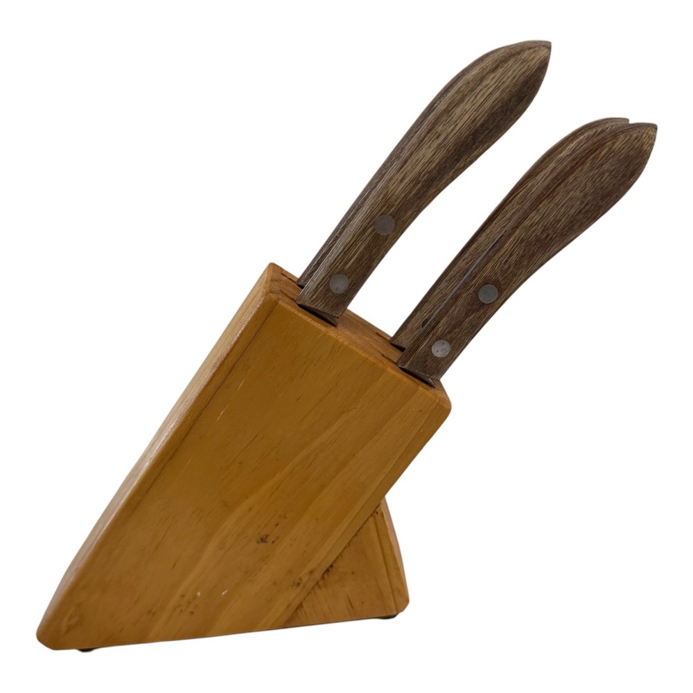 Steak Knife Set Vintage Japan Stainless Wood Block 5pc Set Serrated MCM Retro